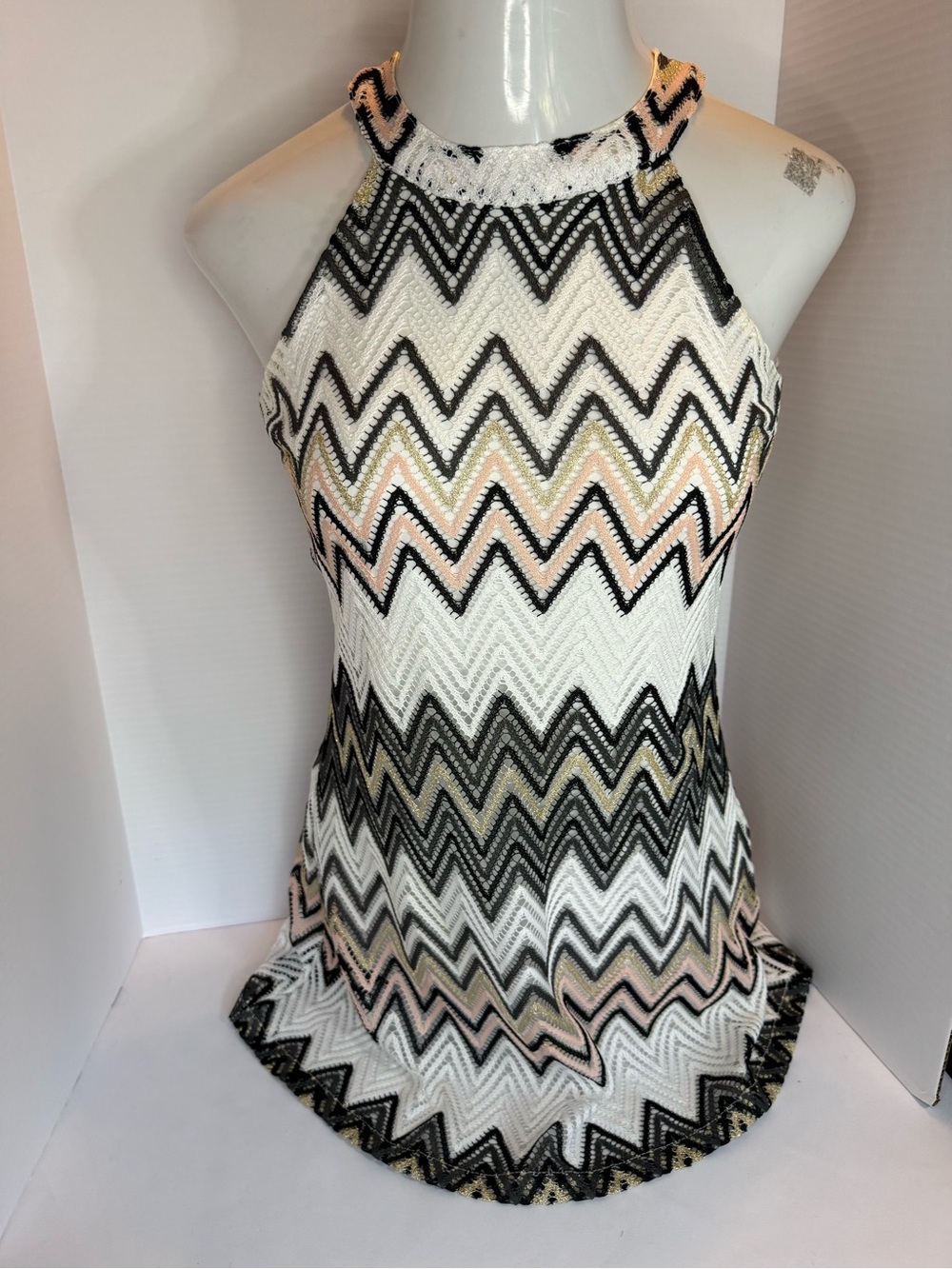 Sleeveless Chevron Knit Dress in White, Black & Blush *has imperfections*
